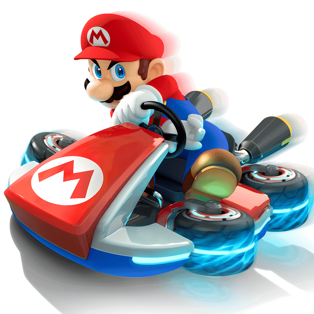 Mario driving kart racer illustration showing red cap, blue overalls, and silver exhaust on transparent background.