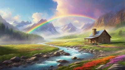 Rainbow,Mist,Scene,Cool,Clouds,Water,Flowers,Forest,Scenery,Serene,Mountains,Beautiful,Ai Art,Wallpaper,house Artwork,House,River
