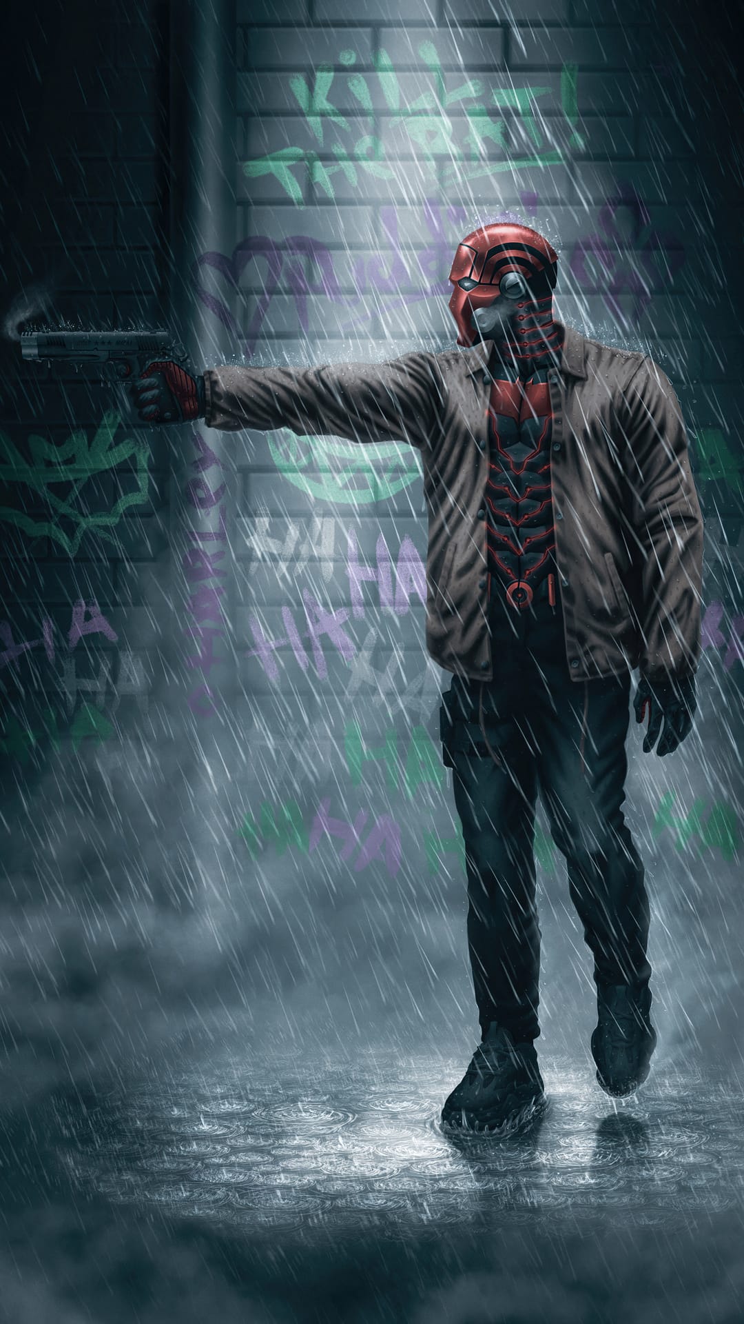 Red Hood grips a handgun in the rain against a brick wall with purple graffiti in a dark Gotham city alleyway.
