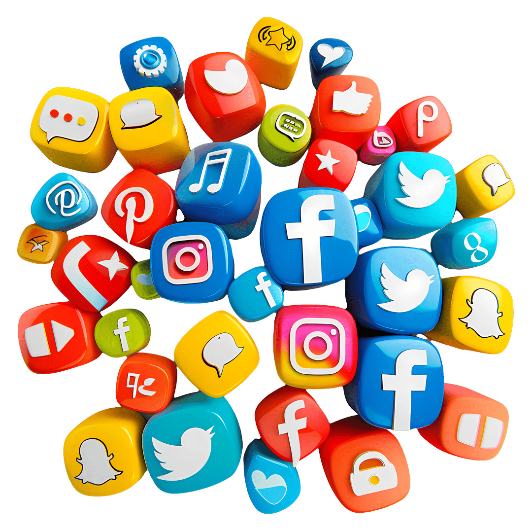 Social media app icons collection featuring glossy rounded square buttons with vibrant gradients and brand logos.