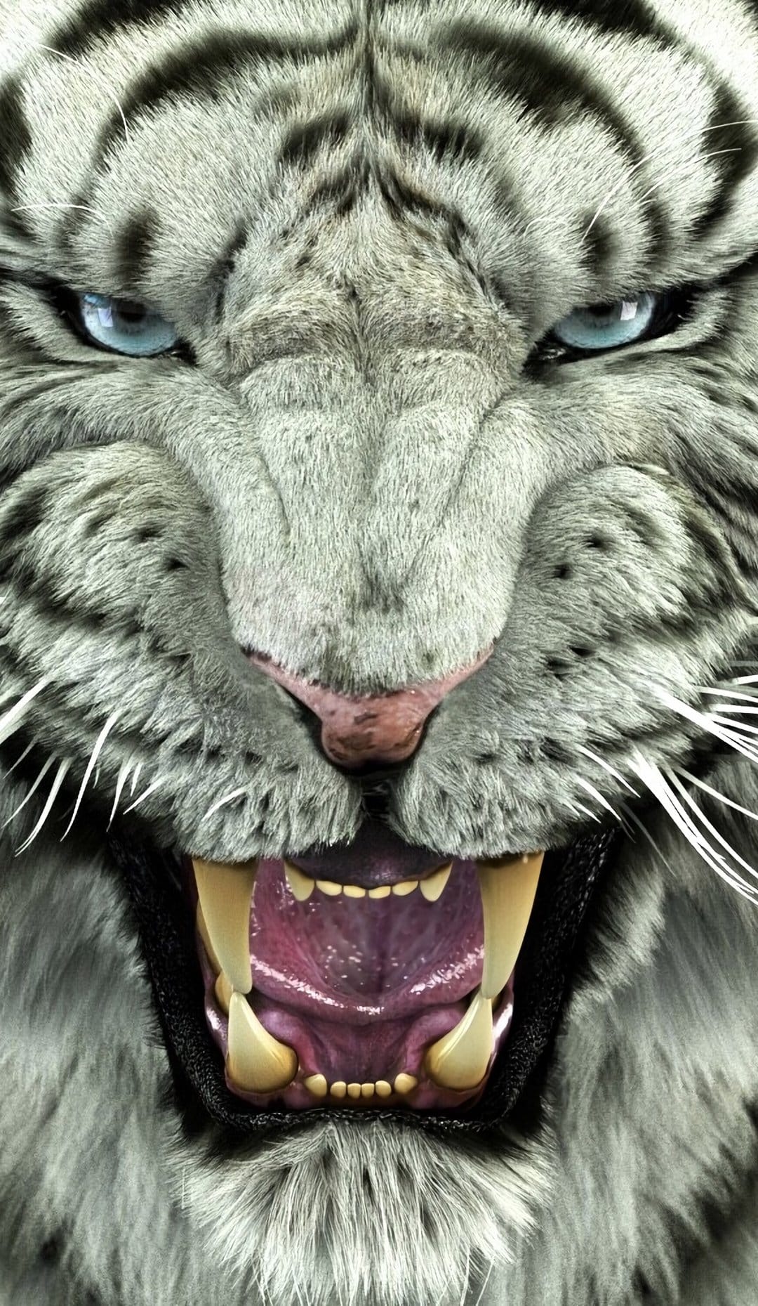 White tiger snarling with open mouth, showing sharp fangs and blue eyes in a detailed close-up portrait.