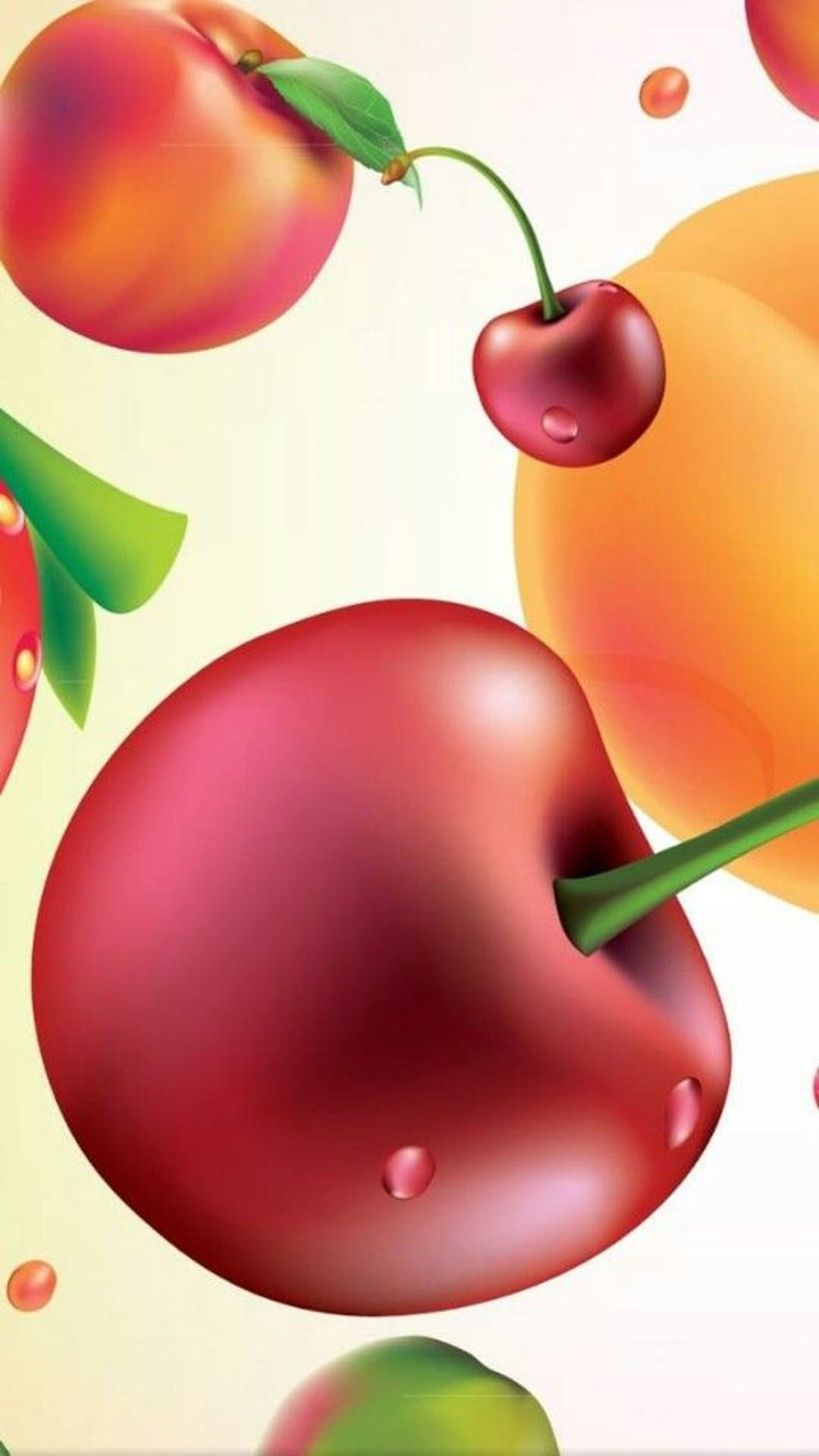 Peaches, cherries, and strawberries with water drops float against a bright yellow and white gradient background.