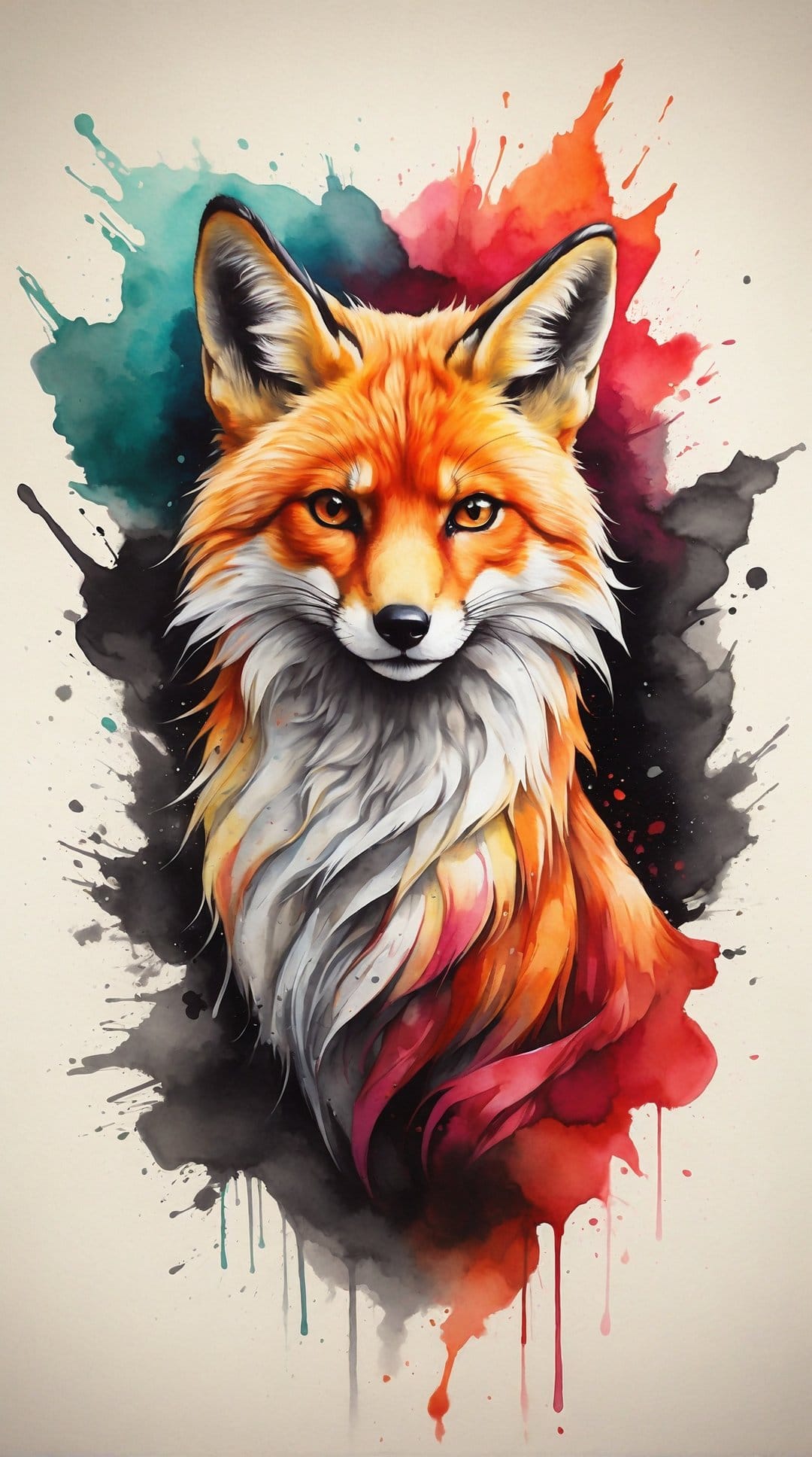 Fox with orange fur and alert ears surrounded by splashes of teal and red paint on a white background.