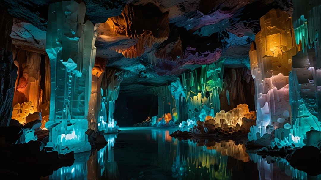 Glowing purple and blue crystals rise from a dark cave floor and reflect in the surface of an underground lake.