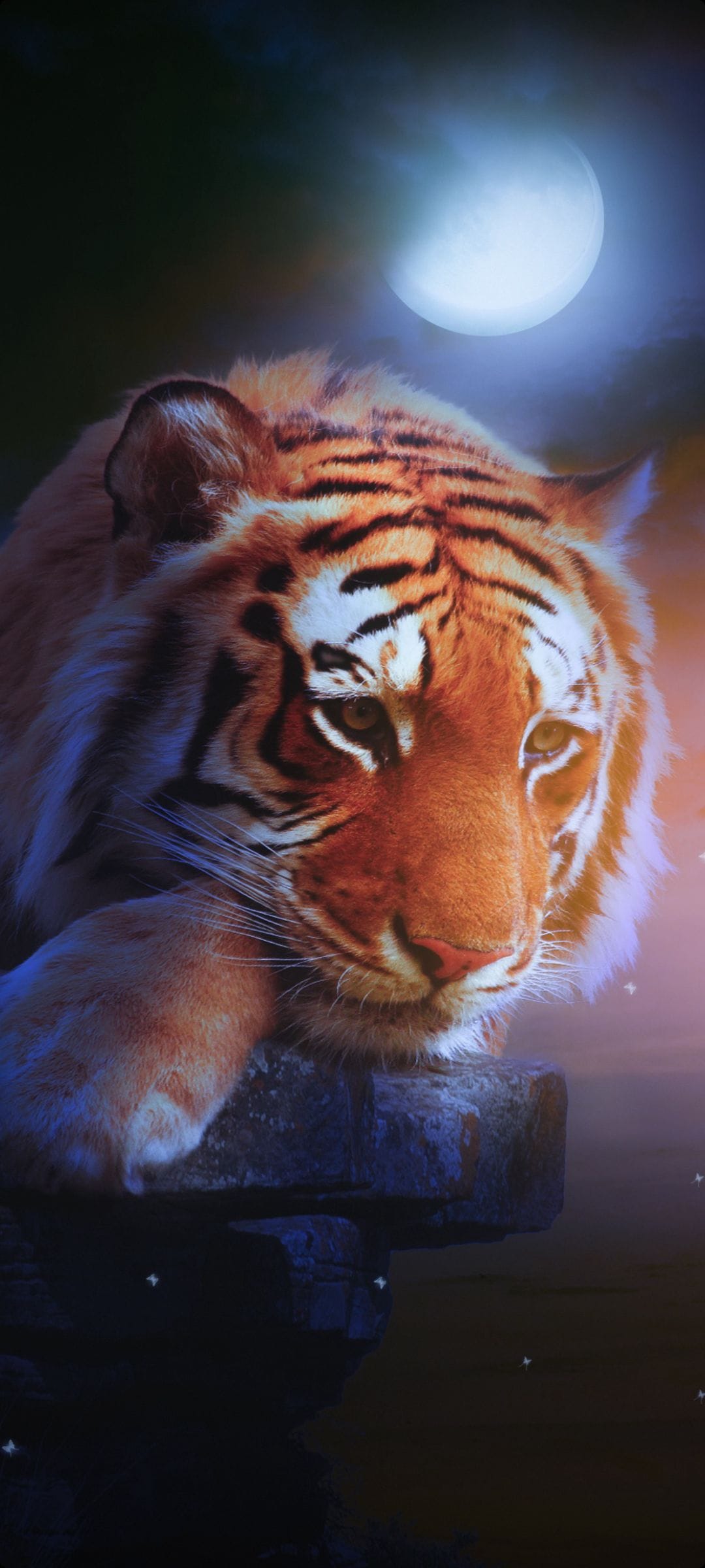Bengal tiger with orange fur lies on rocks under a giant white full moon amidst glowing fireflies at night.