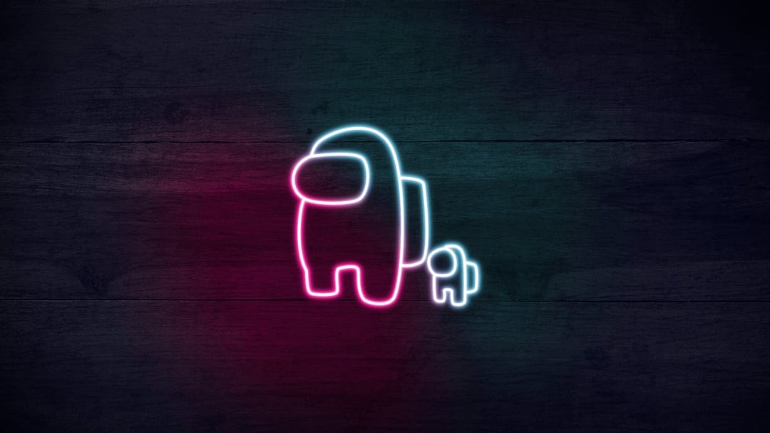 Vibrant neon pink and cyan Among Us crewmate outlines glow against a dark horizontal wood plank background.
