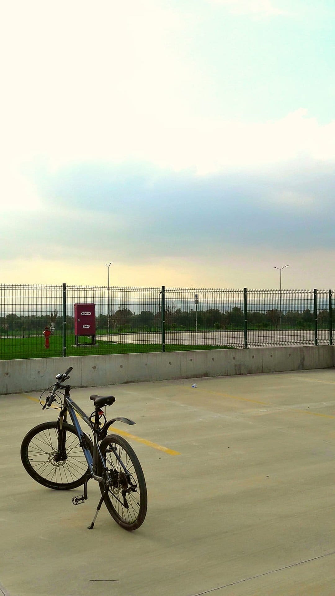 Black mountain bike parked on concrete near a metal fence with trees and a red fire hydrant under grey clouds.