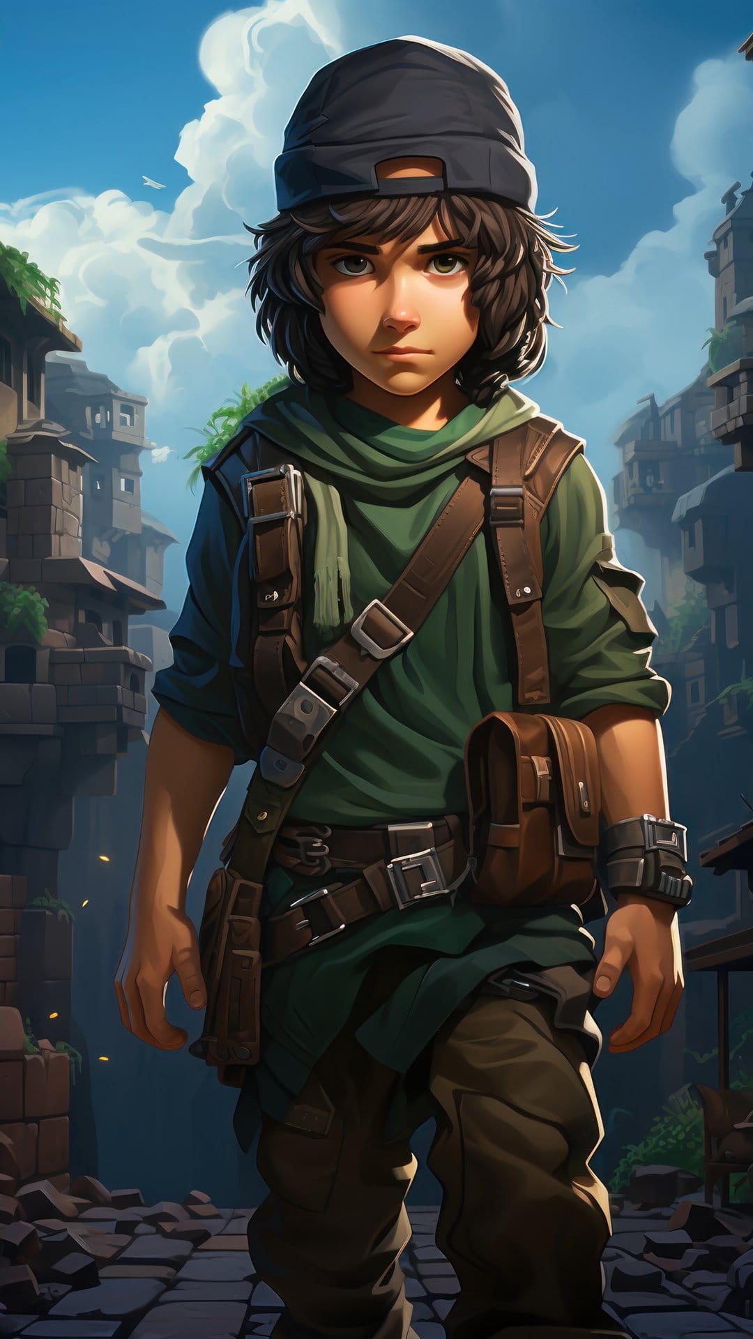 Young adventurer wearing a green tunic and backpack stands on a cobblestone path within sunlit ancient ruins.
