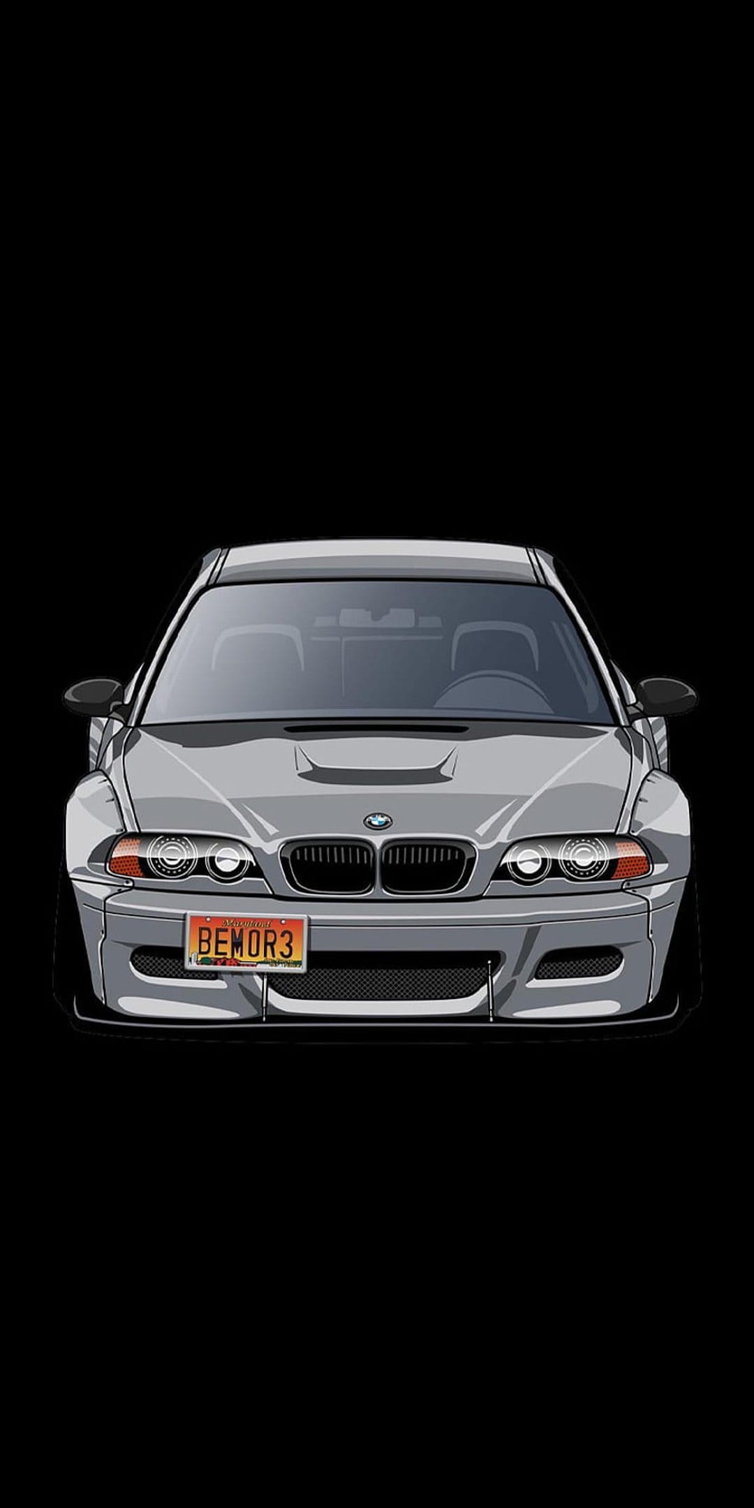 BMW E46 M3 in silver metallic paint with a custom BEMOR3 plate centered on a solid black background.