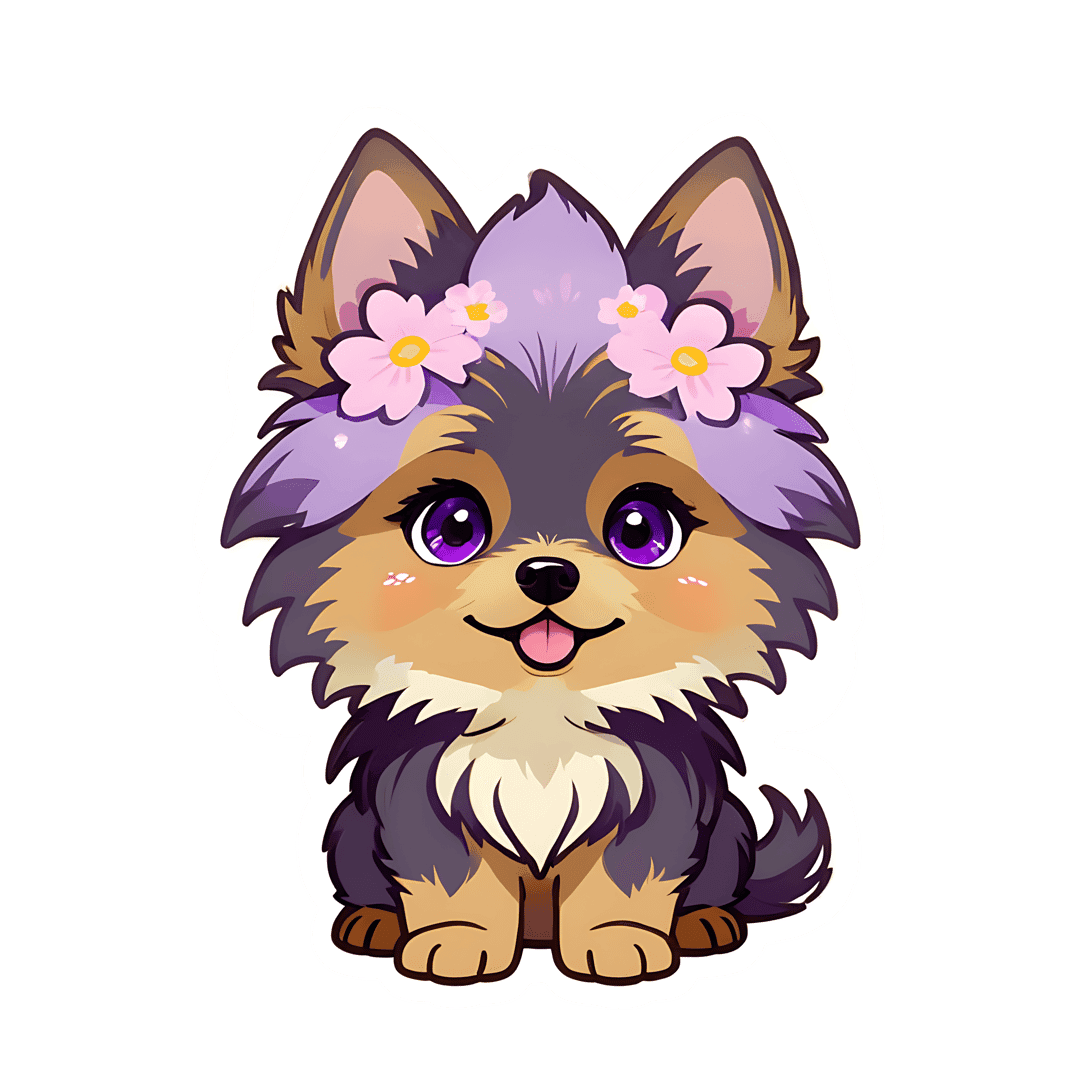Chibi puppy sticker illustration featuring violet eyes, brown fur, and pink cherry blossoms on its head.