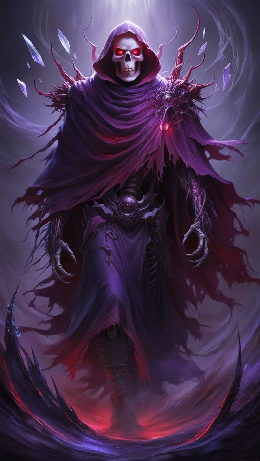 Skeletal reaper with glowing red eyes and sharp claws stands amidst floating purple crystals in a dark mist.