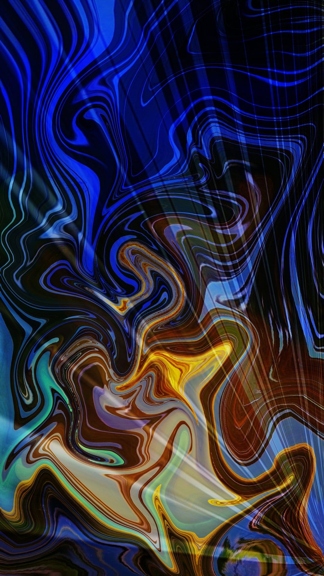 Blue and yellow liquid swirls intertwine with brown marble veins in a flowing vertical abstract composition.