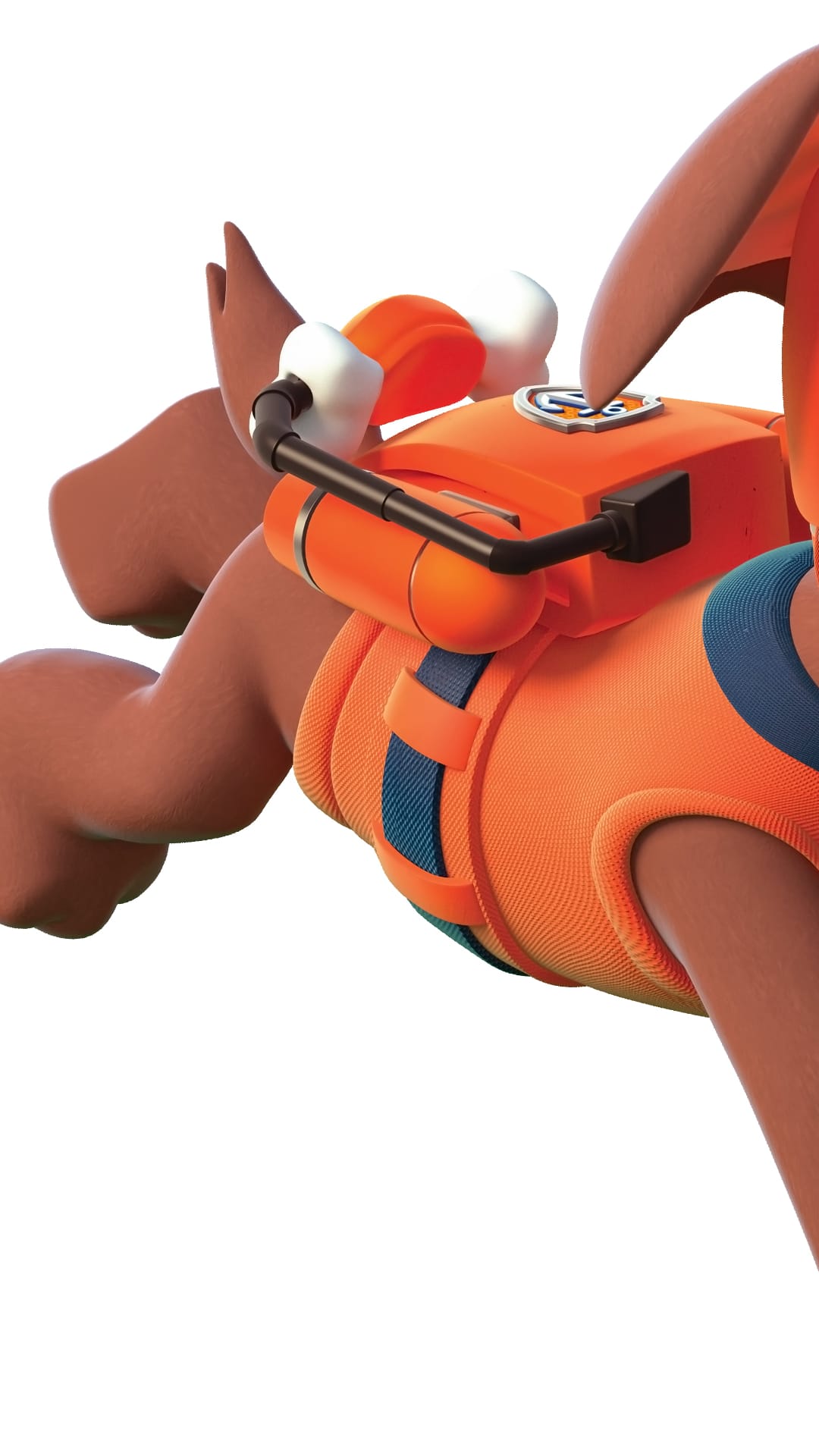 Animated puppy wearing an orange rescue vest with blue straps and an oxygen tank against a white background.
