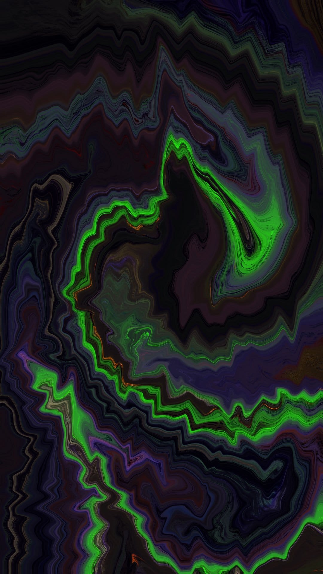 Vibrant neon green electric lines weaving through swirling dark purple and black liquid-like textures.