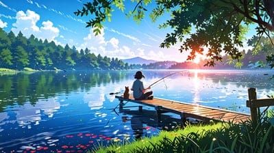 Fishing,Lake,Forest,Crystal Water,Sunrise,Character,Anime,Ai,Cool,Wallpaper,Ai Art,Artwork,Desktop Wallpaper,Anime Wallpaper
