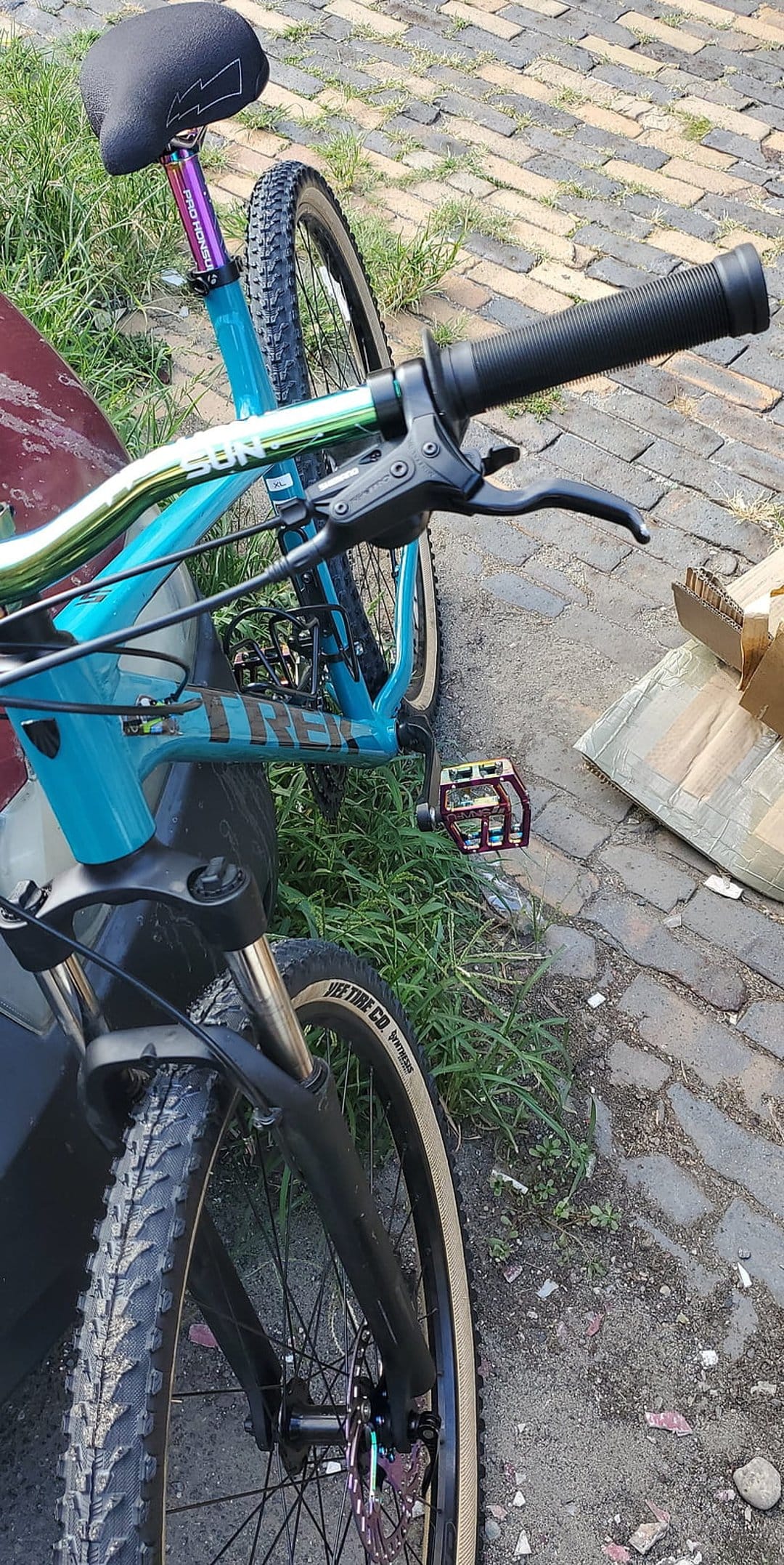 Trek mountain bike showing blue patterned frame, purple seat post, and green grips on an outdoor brick pathway.