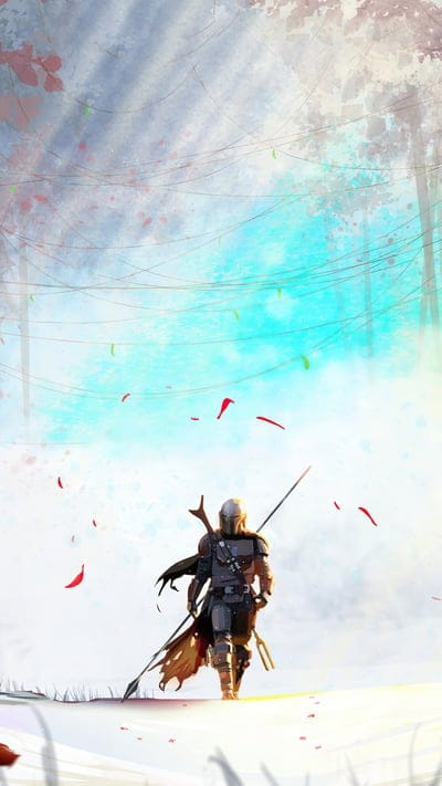 Mandalorian, Star Wars, fantasy art, ethereal, vibrant, surreal, fan art, sci-fi, mystical, Din Djarin, colorful, whimsical, journey, spear, unique setting, otherworld, adventure, forest, artistic, hero