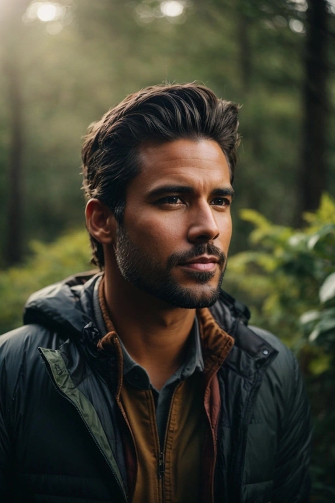Bearded man wearing a dark jacket and tan shirt stands amidst blurred green trees and soft woodland light.