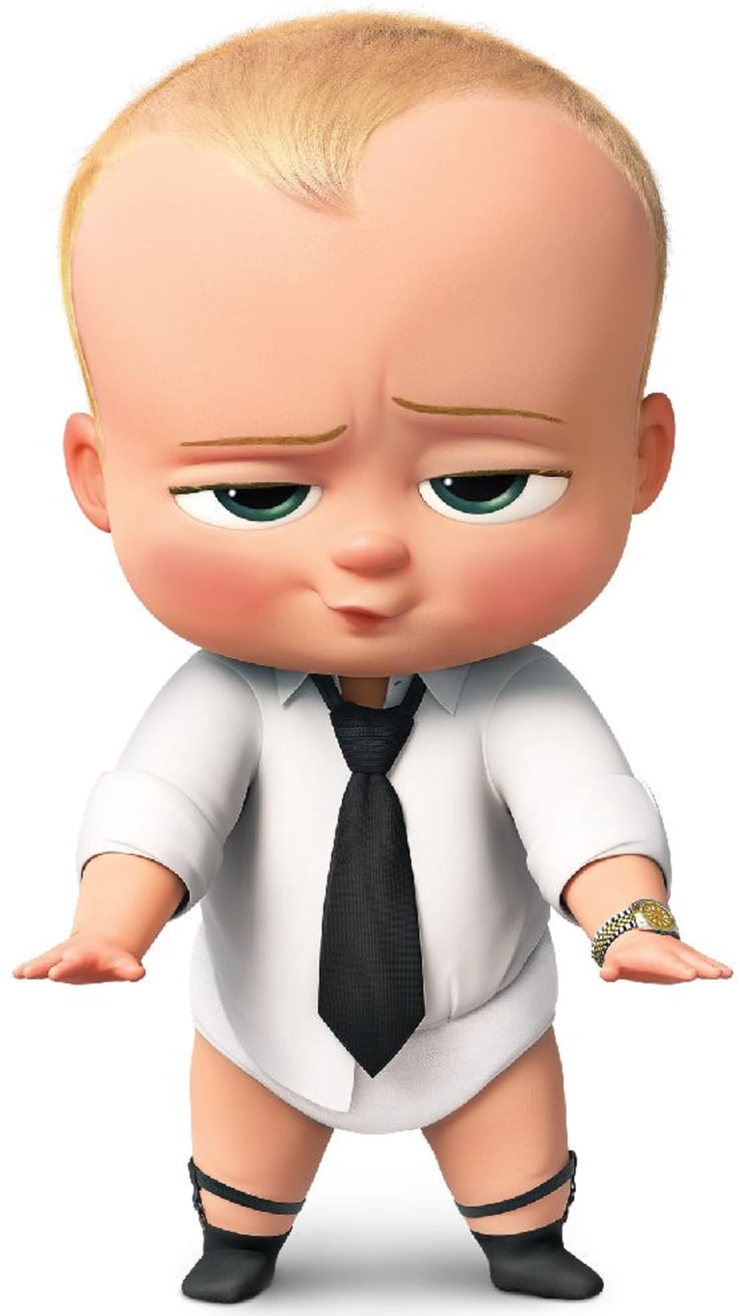 Boss Baby wearing a white shirt and black tie checks his wristwatch against a plain white studio background.