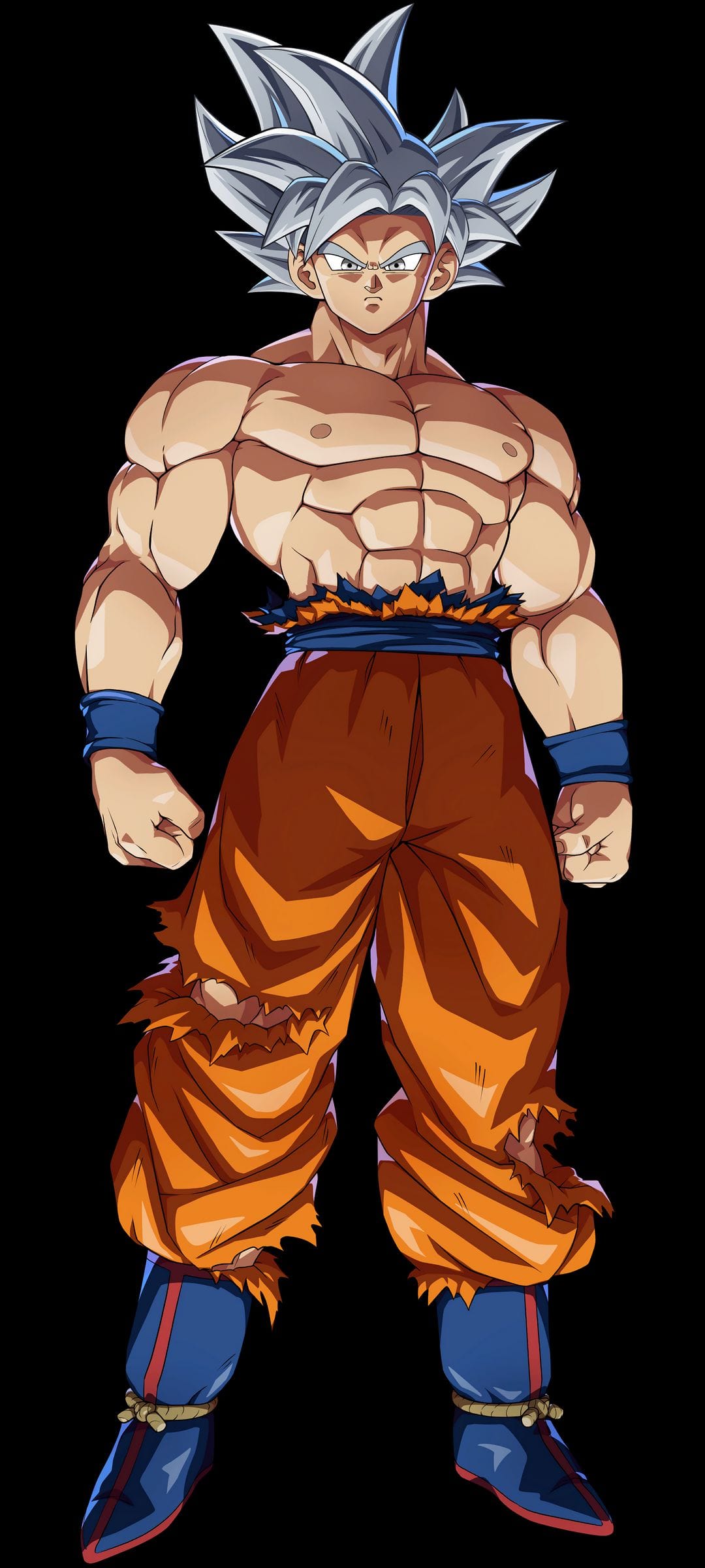 Goku stands in Ultra Instinct form with spiky silver hair, glowing eyes, and a tattered orange and blue gi.