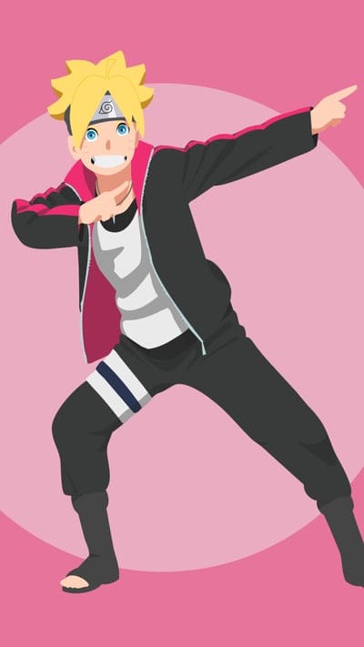 Boruto, Uzumaki, anime, manga, character art, energetic, playful pose, pink background, Konoha, ninja, next generation, Boruto- Naruto Next Generations, fan art, modern ninja, cheerful, stylized art
