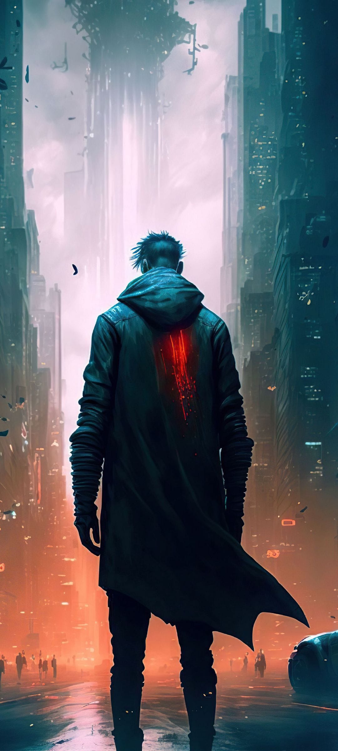 Hooded figure with a glowing red emblem stands before a dark futuristic city with a bright vertical light beam.