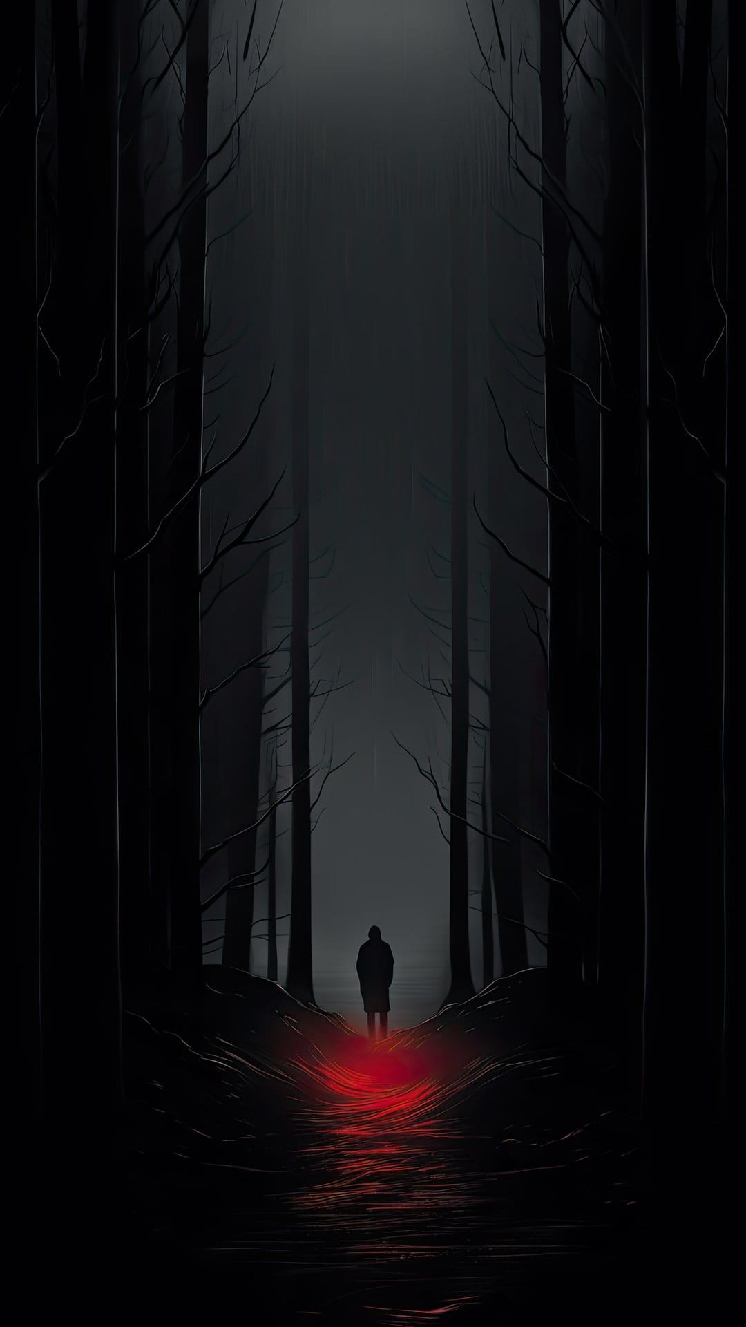 Silhouetted man stands before a glowing red path winding through dark misty trees under a dense forest canopy.