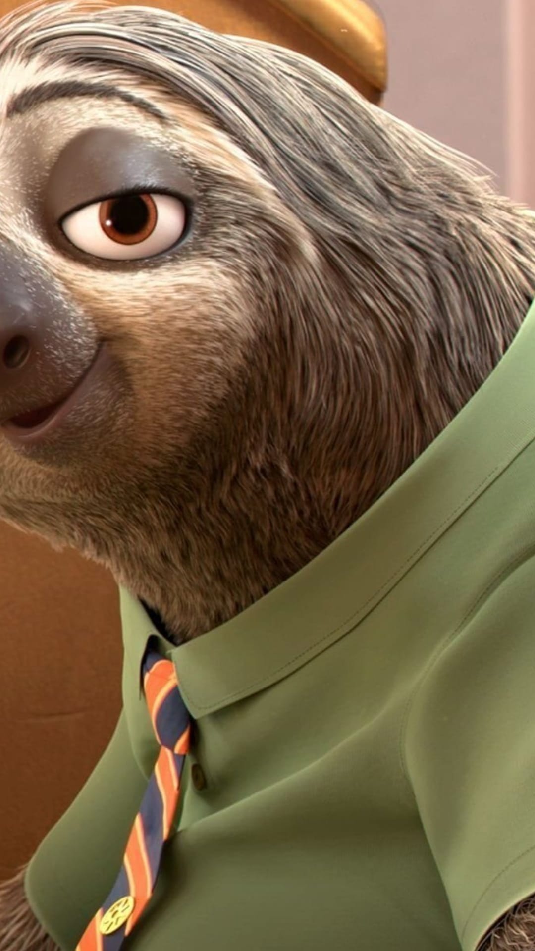 Flash Sloth wears a green collared shirt and striped tie, featuring detailed fur and a large, expressive eye.