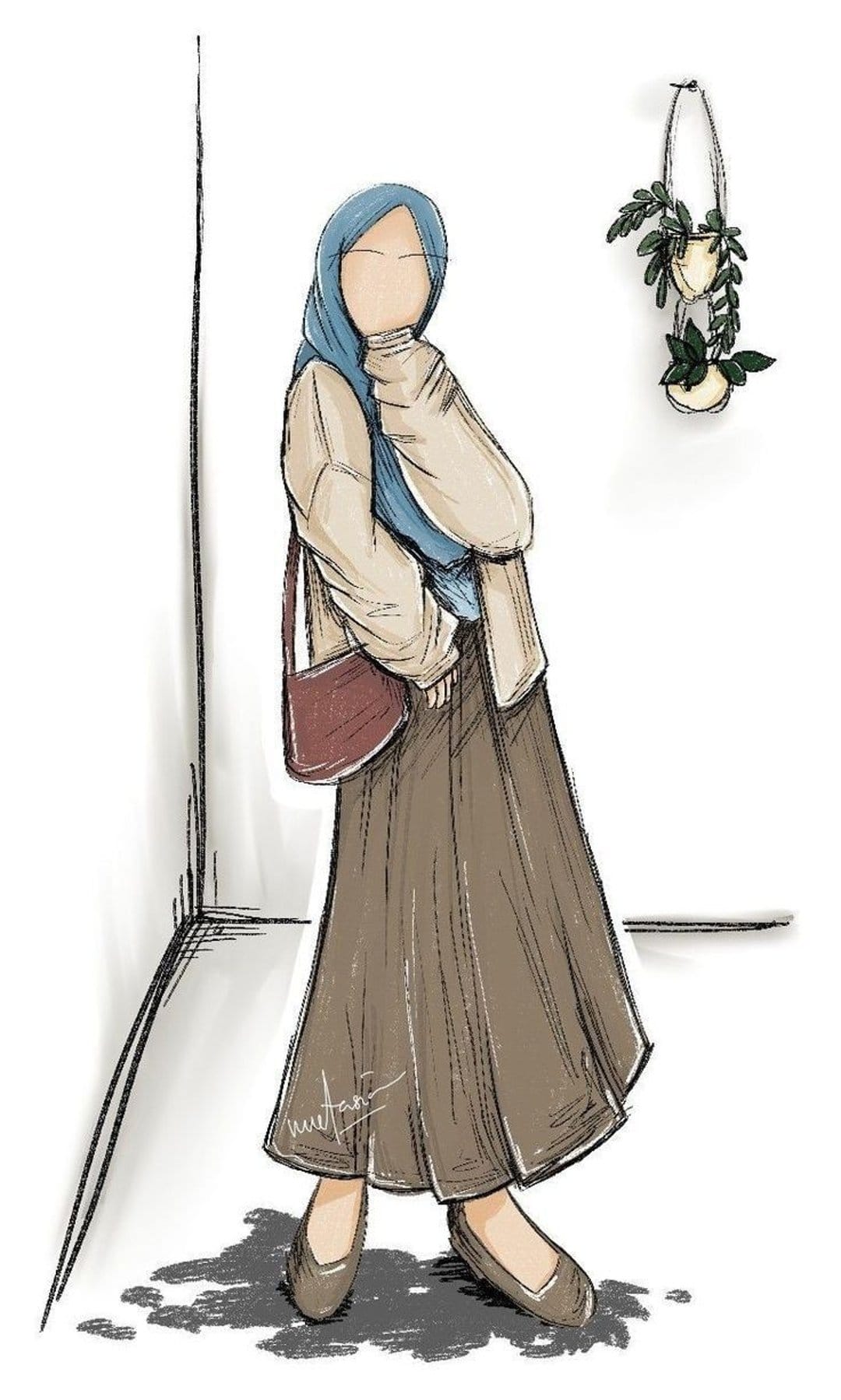 Hijabi woman in a blue headscarf, brown skirt, and beige cardigan stands holding a burgundy leather handbag.