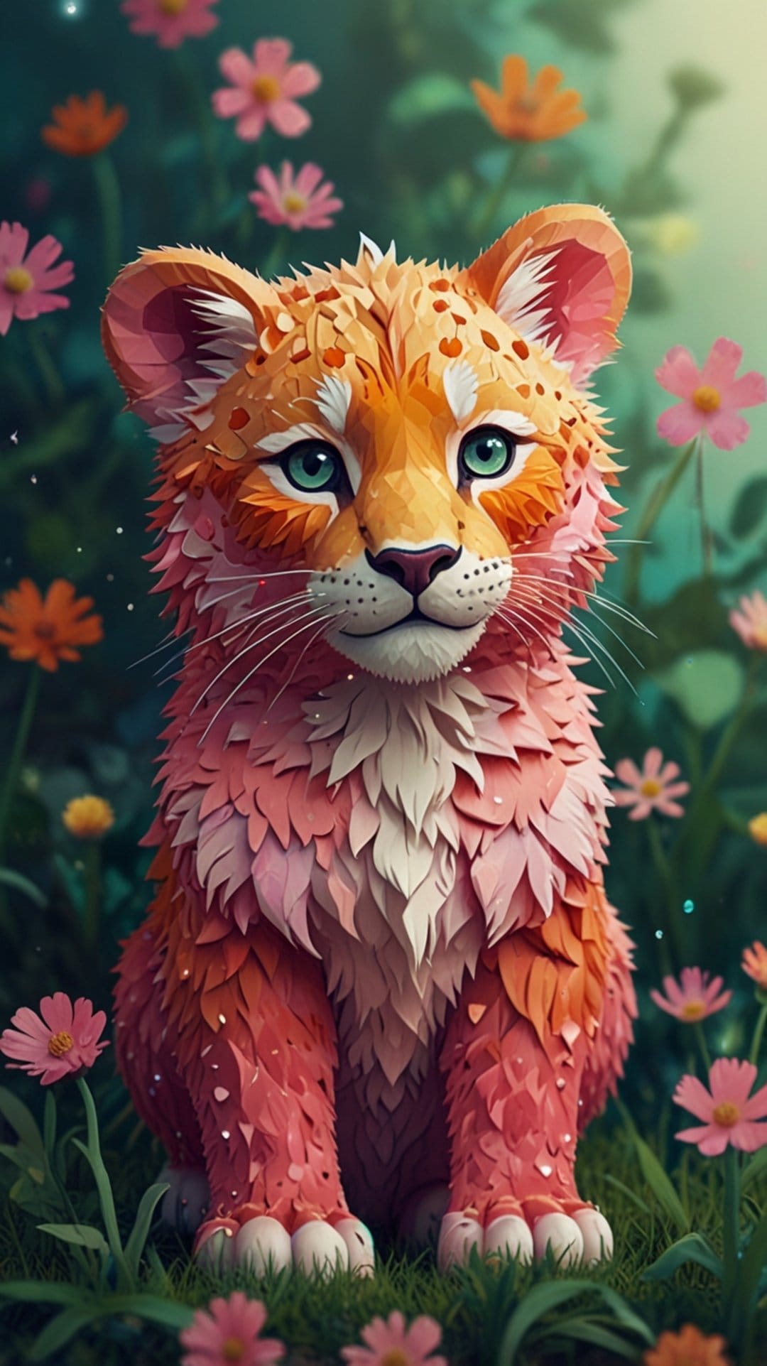 Stylized cat with orange petal-like fur and large green eyes sitting in a field of soft pink and orange flowers.