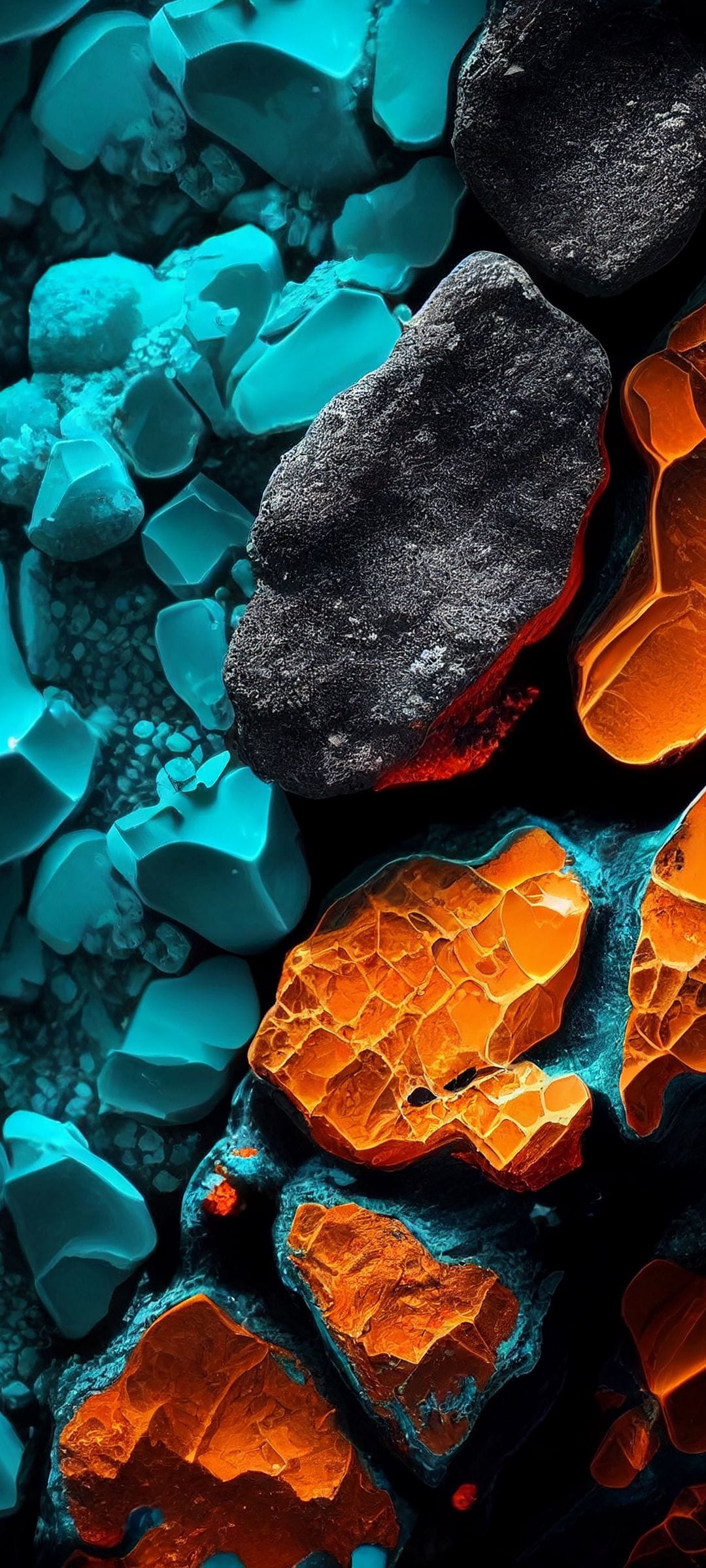 Turquoise stones and dark obsidian rocks with glowing orange textures in a detailed macro geological composition.