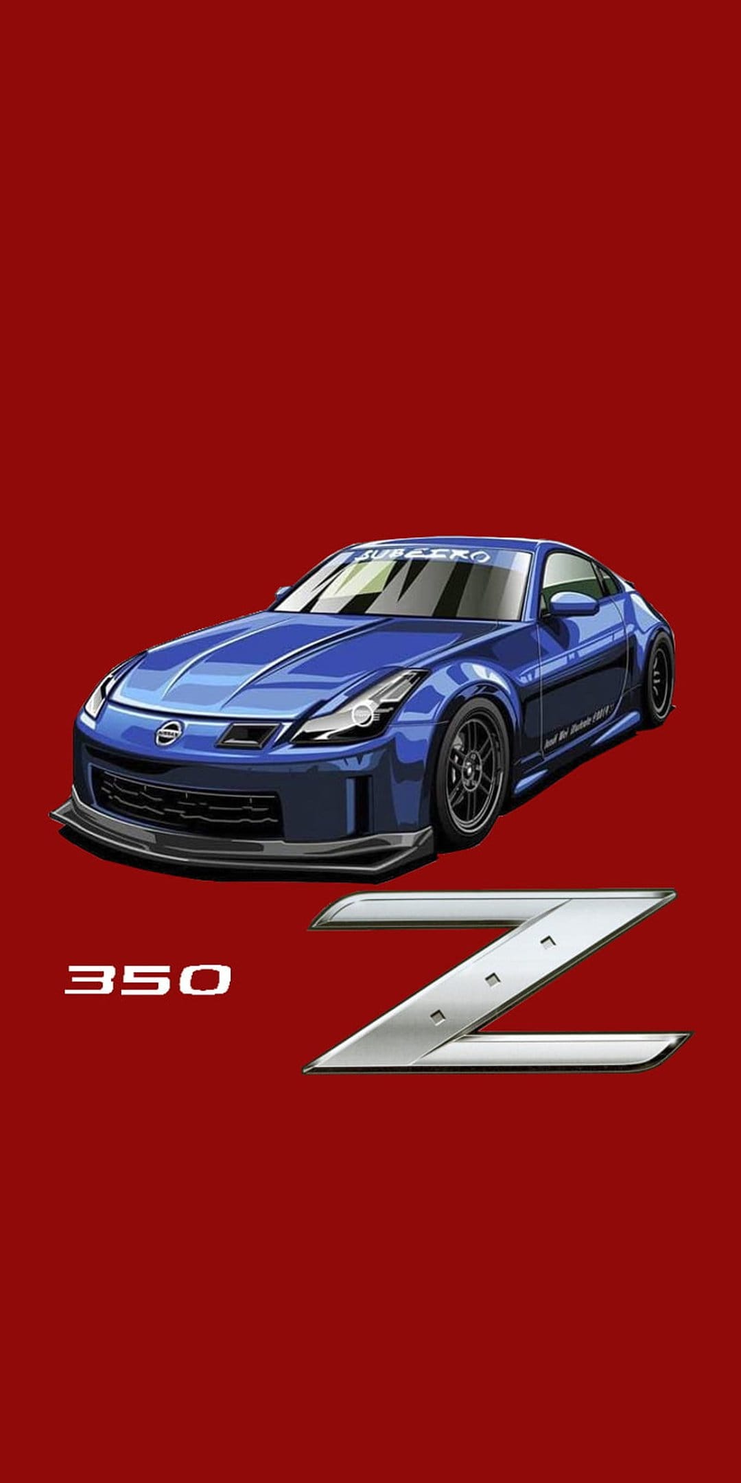 Blue Nissan 350Z sports car angled against a red backdrop with a metallic silver Z emblem and white text.