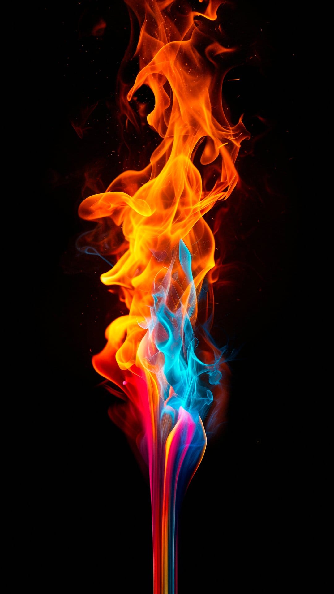 Swirling blue and orange flames twist upwards against a black backdrop with glowing embers and smoke wisps.