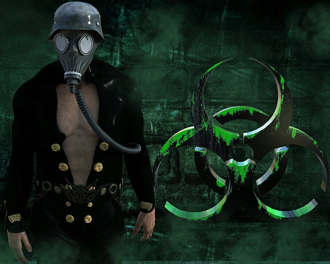Tactical soldier in a respirator stands next to a luminous green biohazard symbol inside a thick toxic fog.