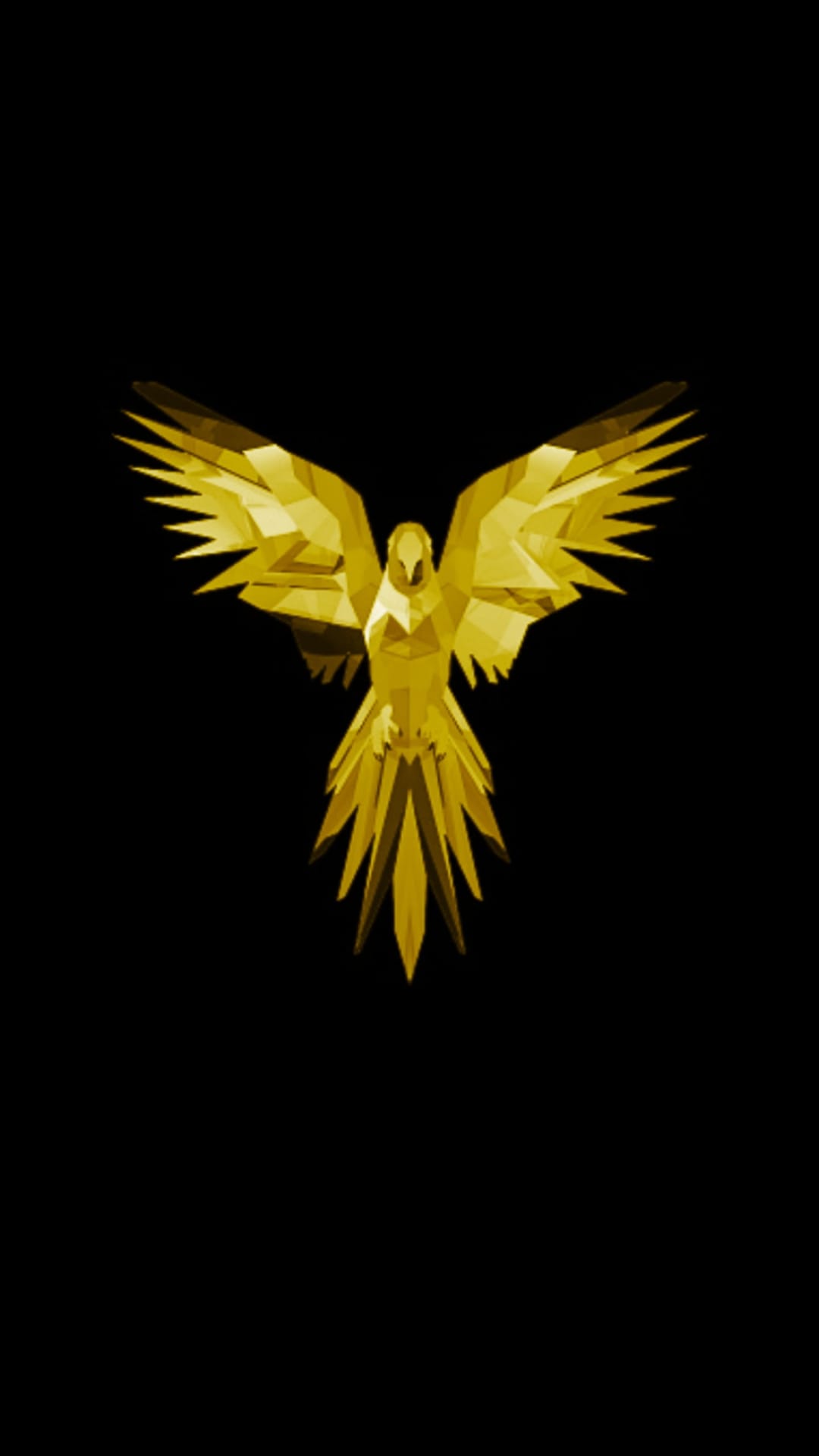 Golden bird with geometric wings spread wide against a dark background, featuring metallic textures and sharp lines.
