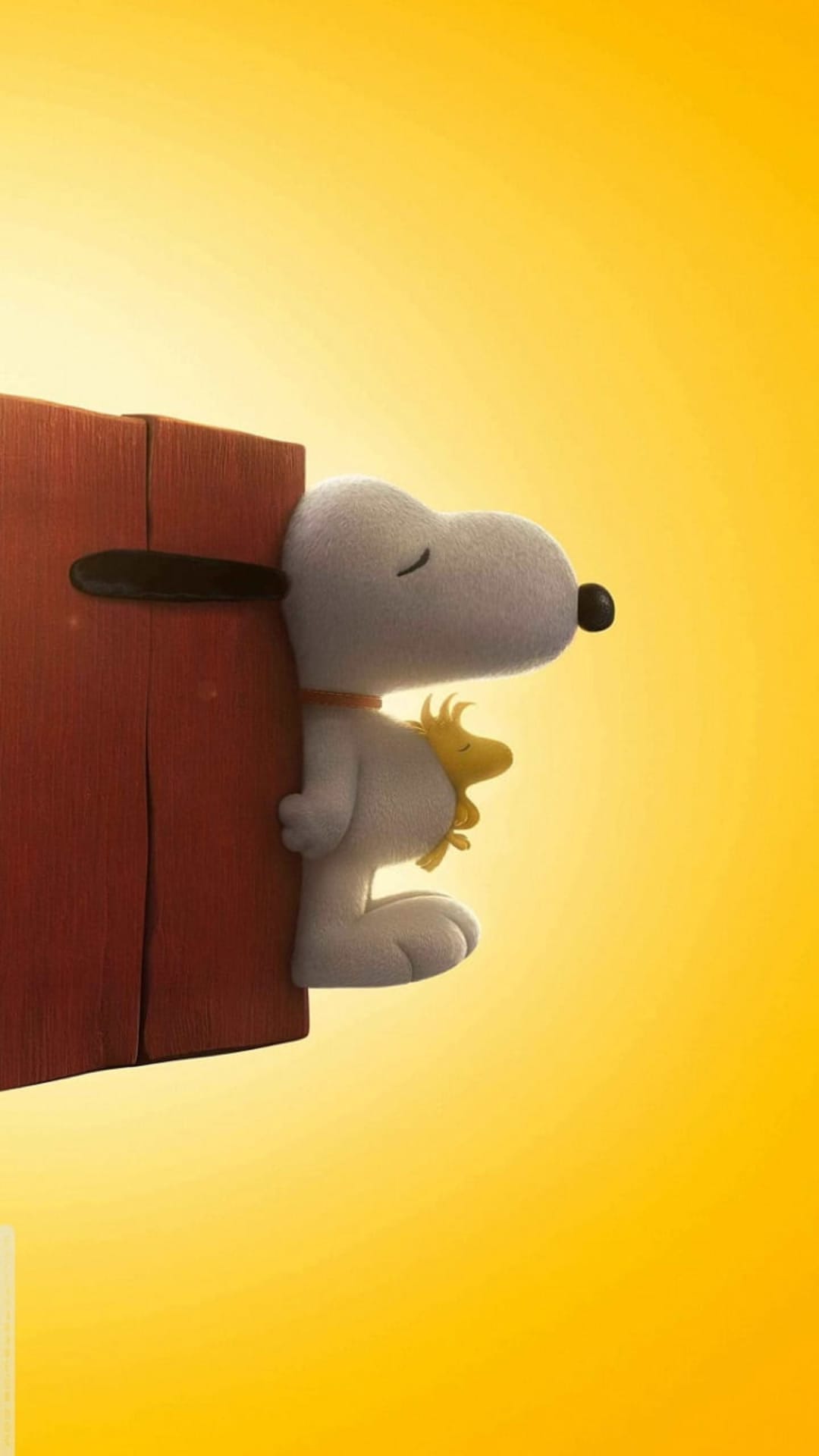 Snoopy peeks around a red doghouse with Woodstock perched on his back against a solid bright yellow background.