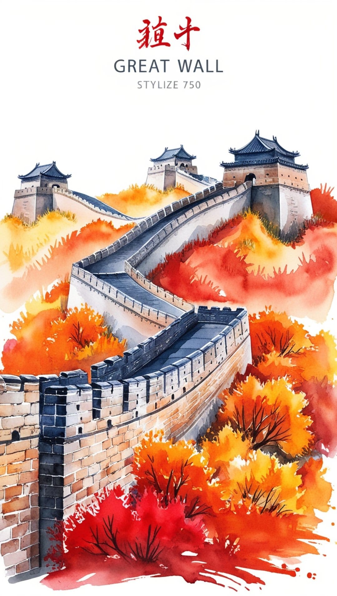 Great Wall of China watchtowers winding across hills covered in vibrant red and orange autumn leaves.