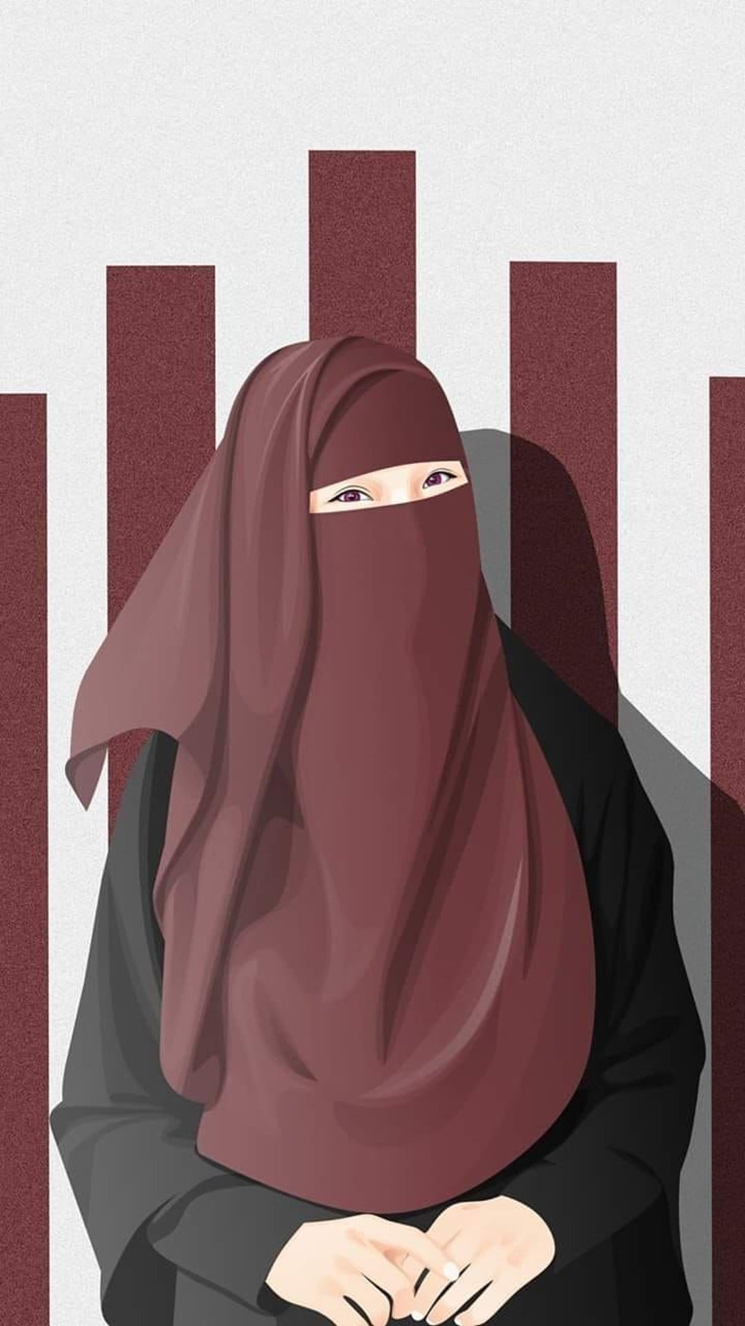 Woman with purple eyes wearing a maroon niqab and black abaya against a stylized bar graph background.