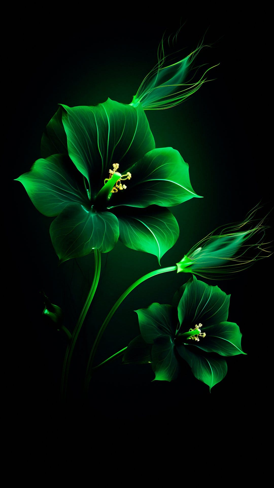 Three radiant green hibiscus flowers with wispy petals and glowing highlights centered on a black background.