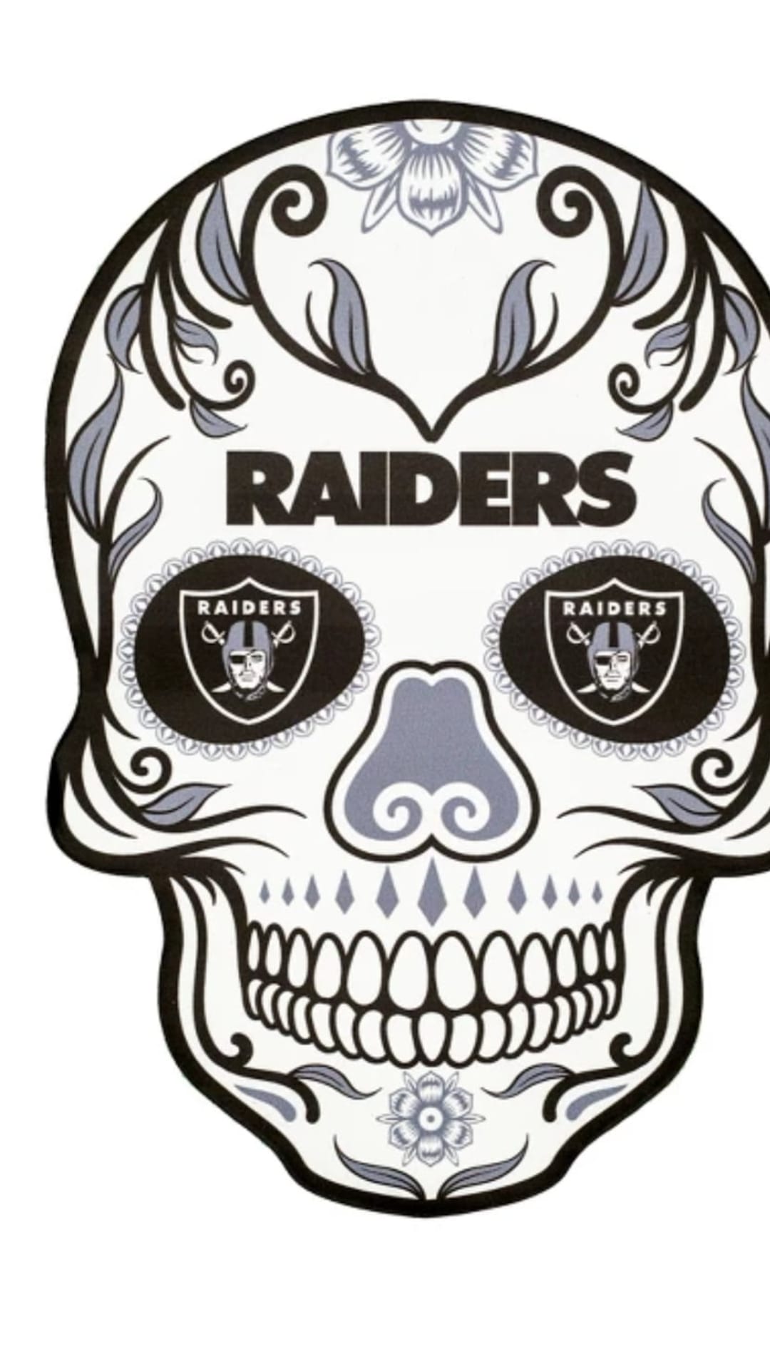 Sugar skull with Las Vegas Raiders shield logos in the eye sockets and floral vine patterns on a black background.