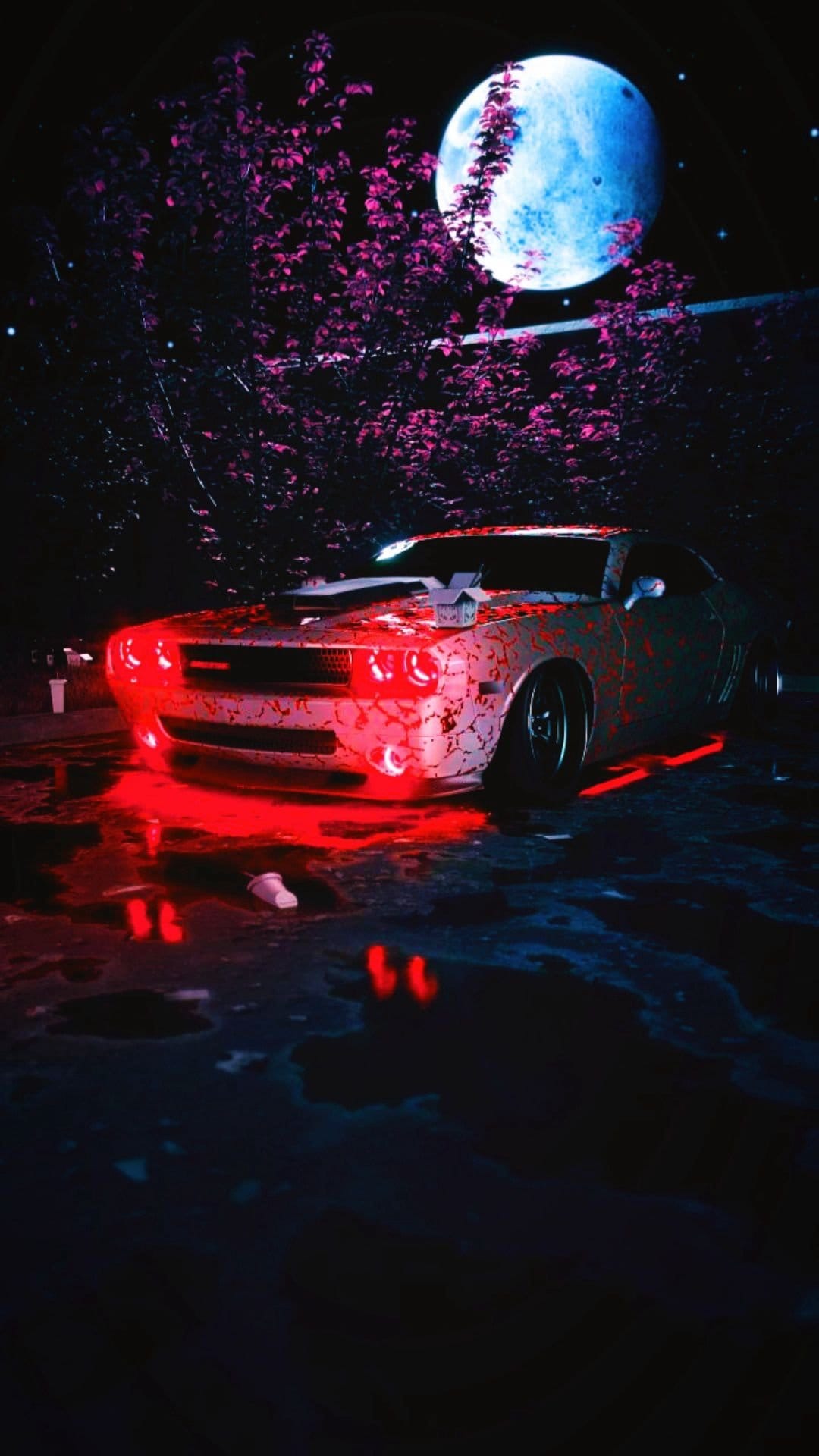 Sports car with red underglow parked under a blue moon and trees with glowing pink leaves during a dark night.