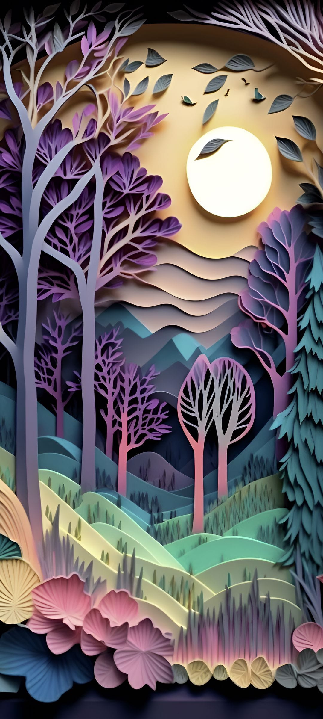 Purple papercut trees and layered hills stand under a large glowing moon against a warm gradient night sky.