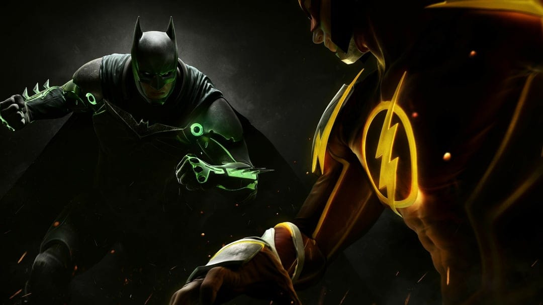 Batman in green-lit armor faces The Flash with a glowing chest logo against a dark, ember-filled background.
