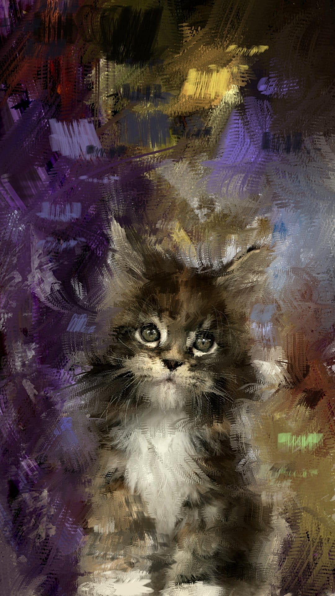Small fluffy kitten with wide eyes sits against a background of thick purple, blue, and gold paint strokes.