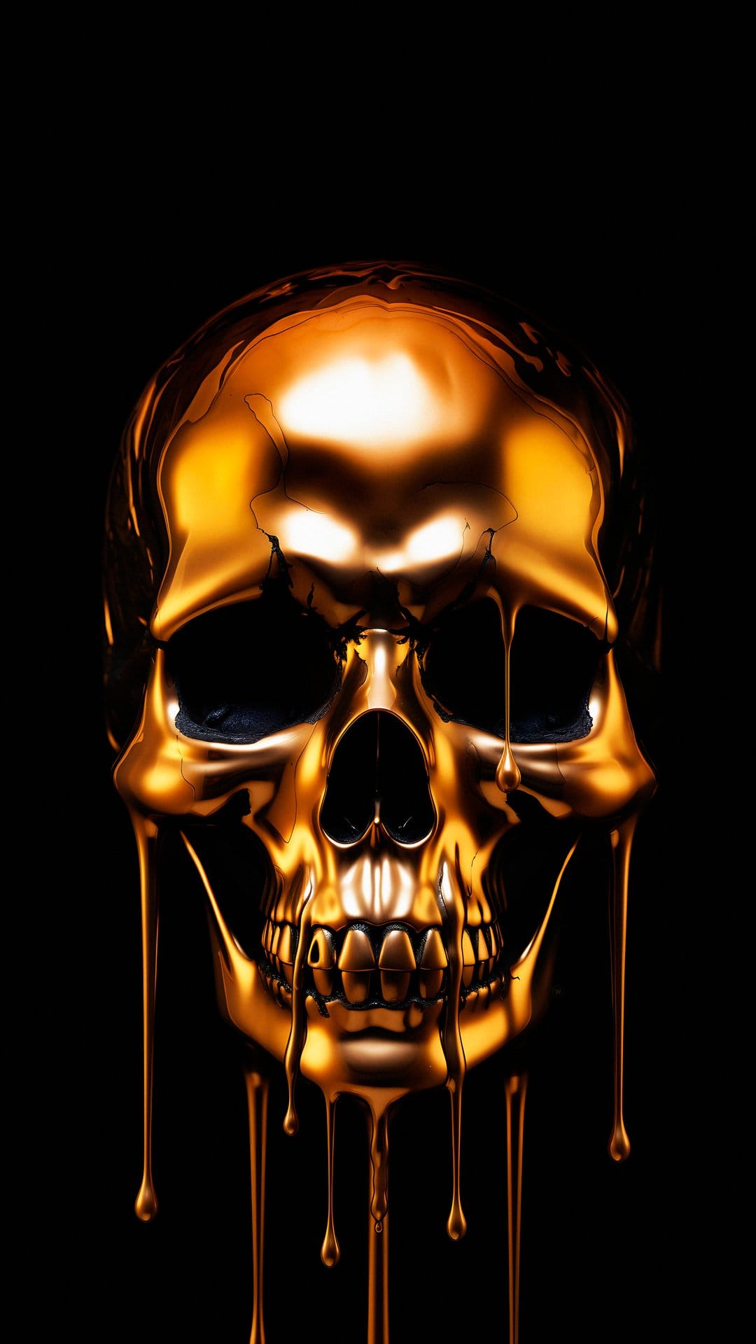 Golden skull melting into liquid droplets against a solid black background with dramatic lighting and reflections.