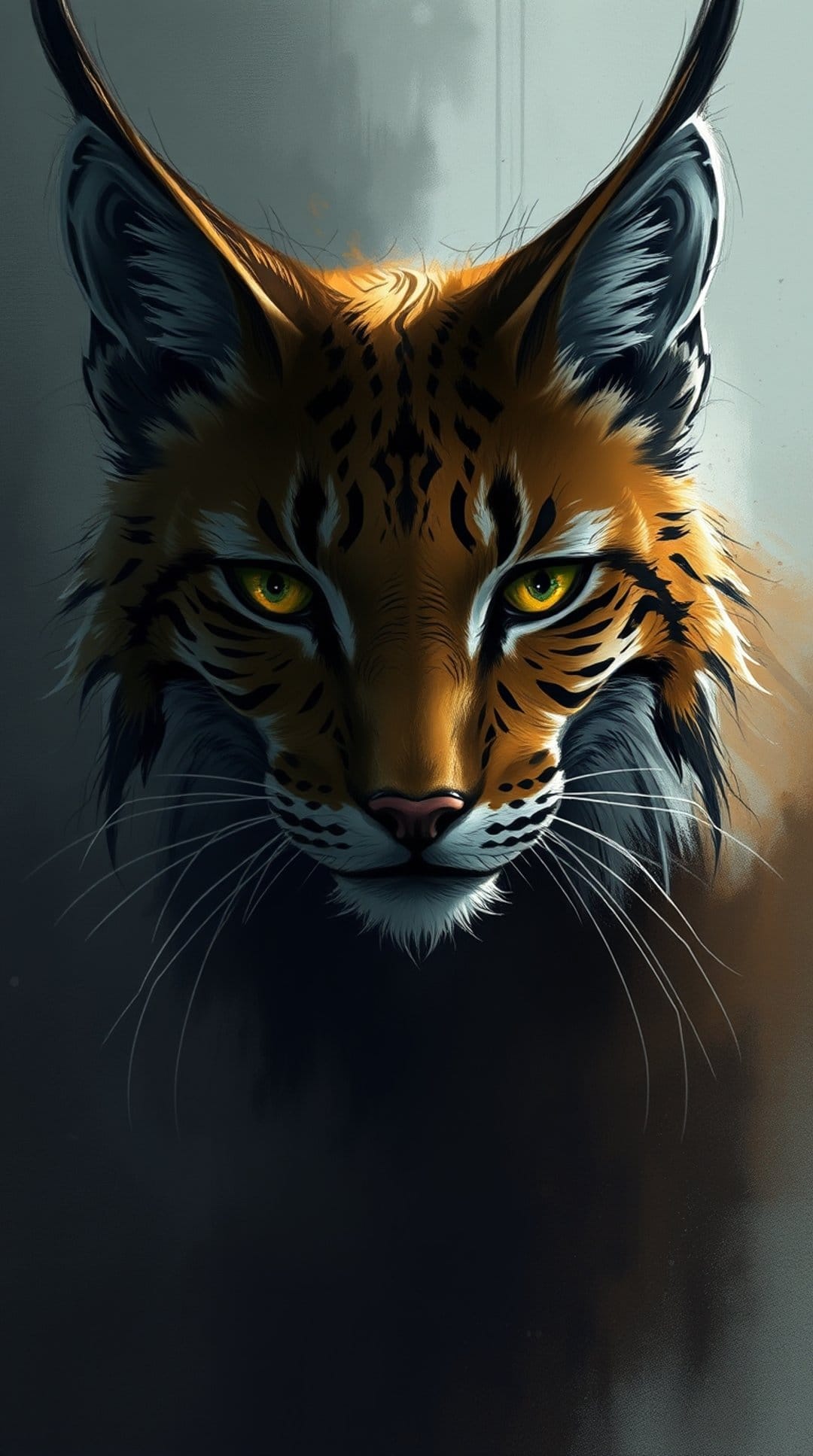 Lynx face with tufted ears and glowing yellow eyes stares forward against a dark, shadowy background.
