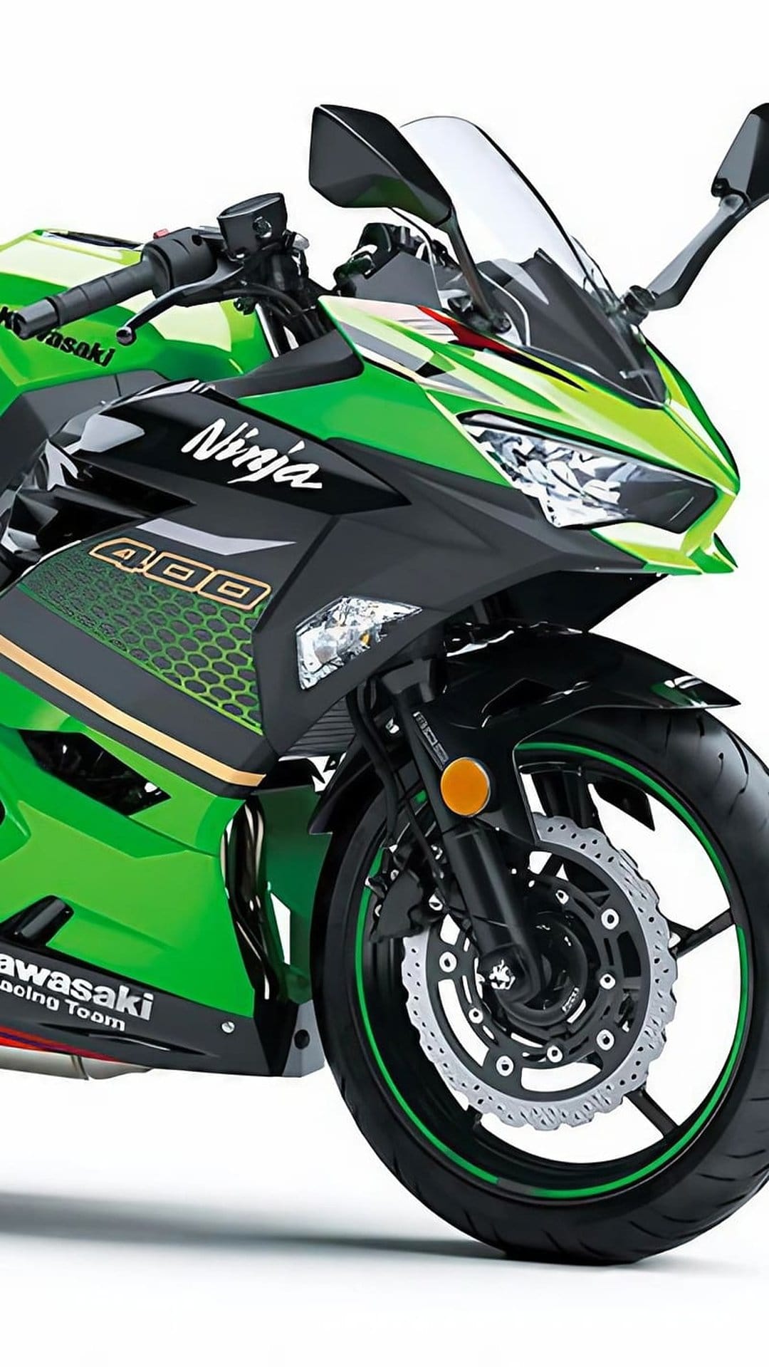 Kawasaki Ninja 400 sportbike front view with green fairings, dual headlights, and white studio background.