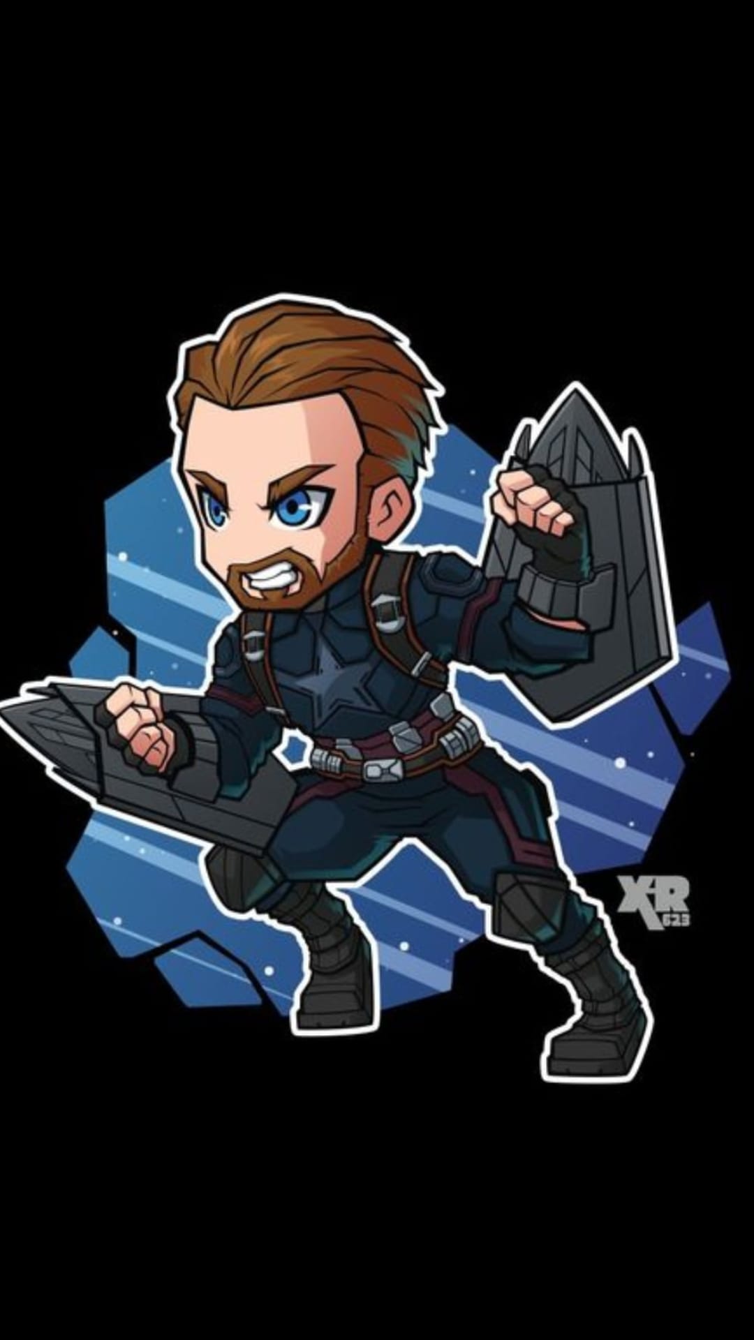 Captain America in chibi style holds a circular shield against a blue geometric fragmented background.
