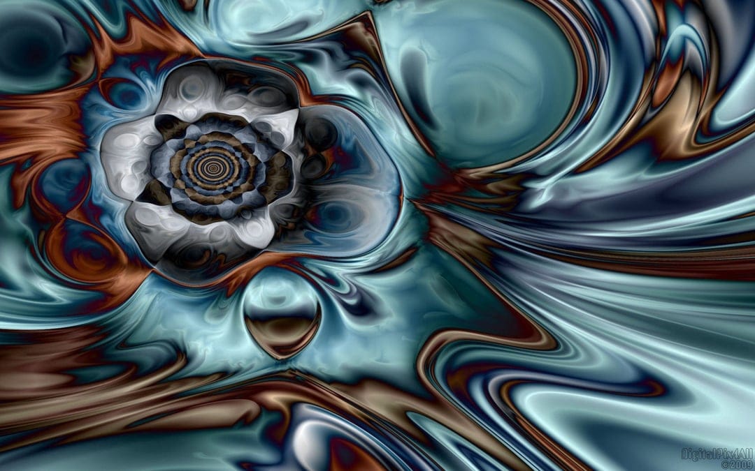 Interlocking teal and brown fractal spirals radiate from a bright white center with organic fluid patterns.