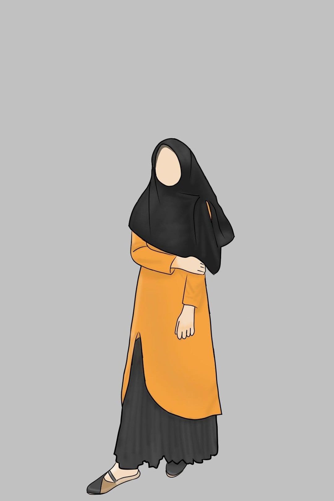 Woman in a vibrant orange dress and black hijab standing against a plain gray background in a modest fashion pose.